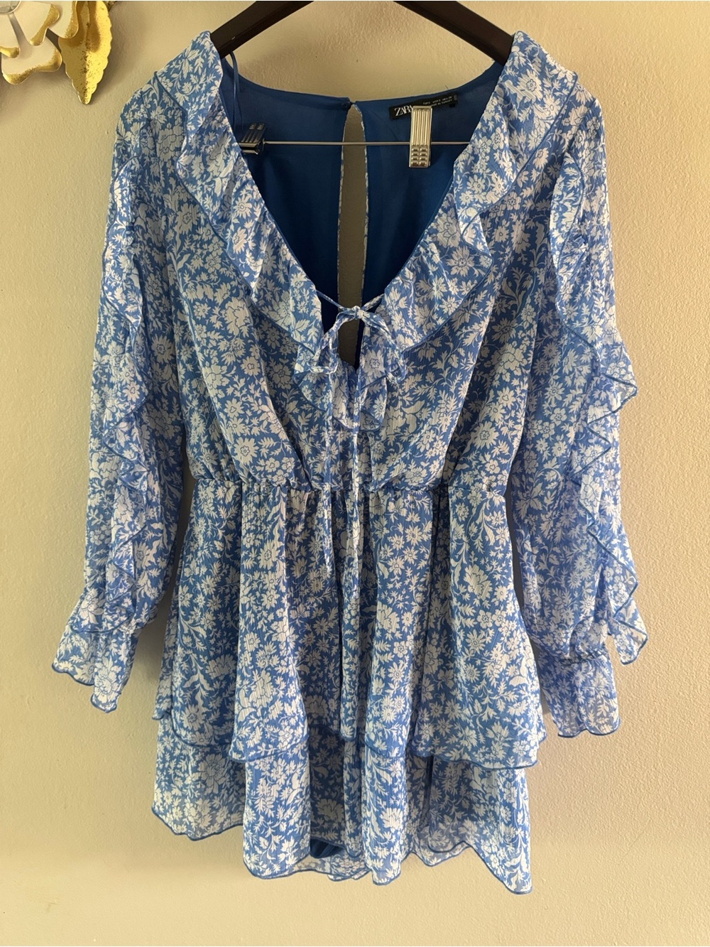 Zara Blue and White Floral Ruffle Tie-Front Romper